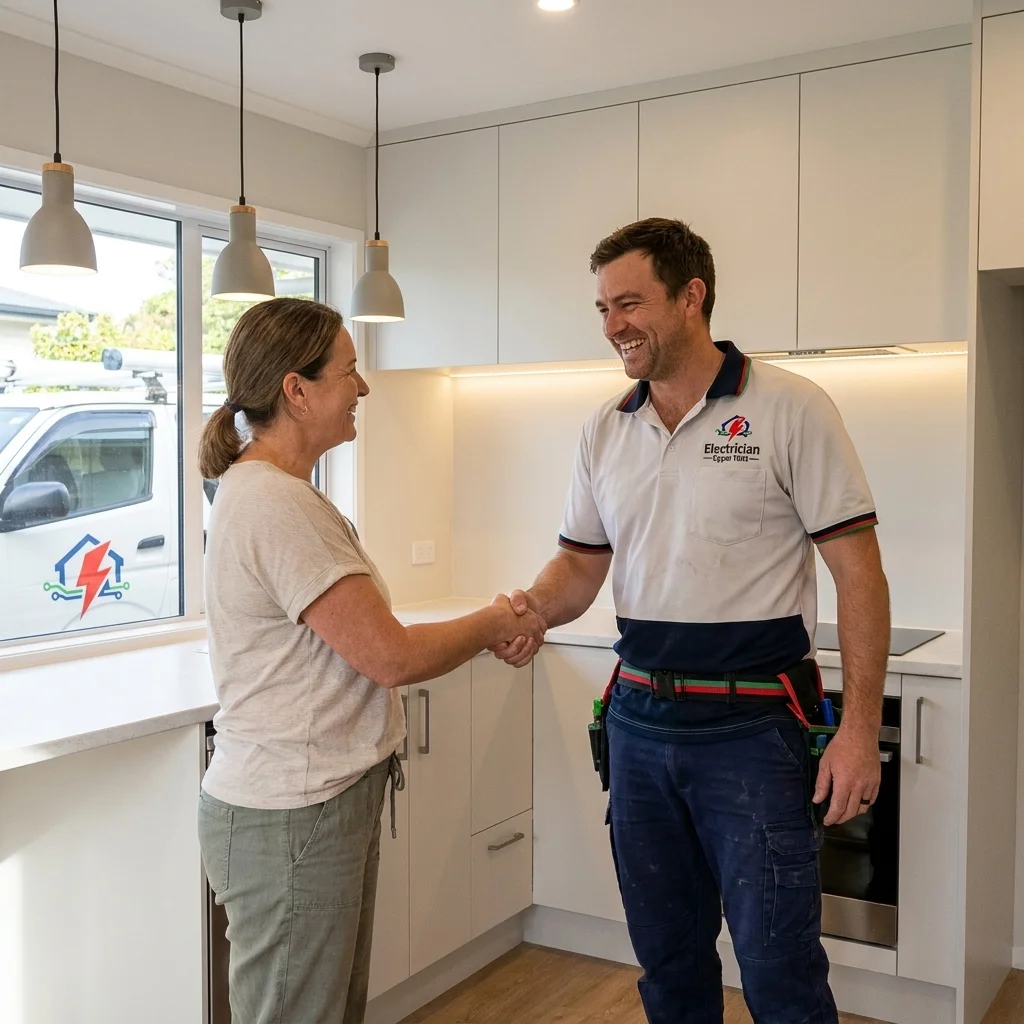 Satisfied homeowner shaking hands with a professional electrician Upper Hutt after a completed residential project.