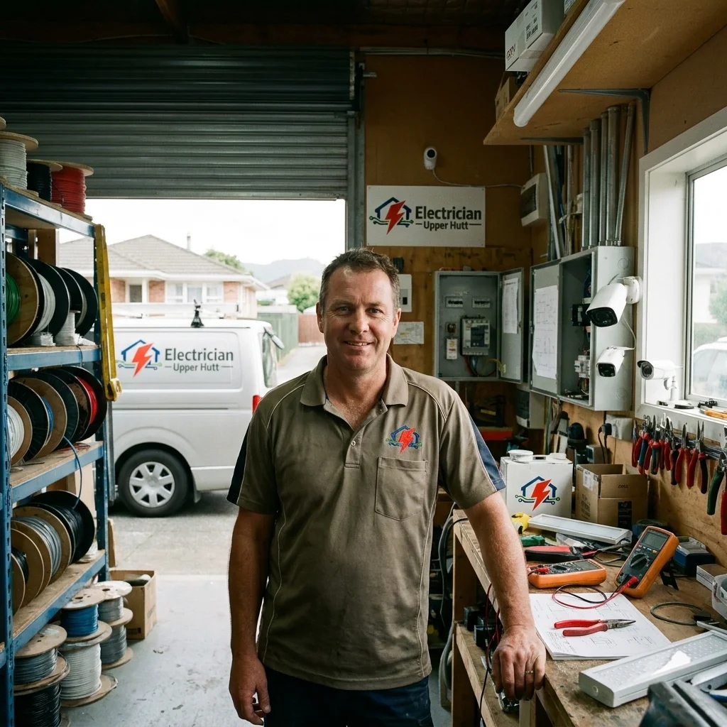 Experienced electrician Upper Hutt standing proudly in a fully equipped electrical workshop.