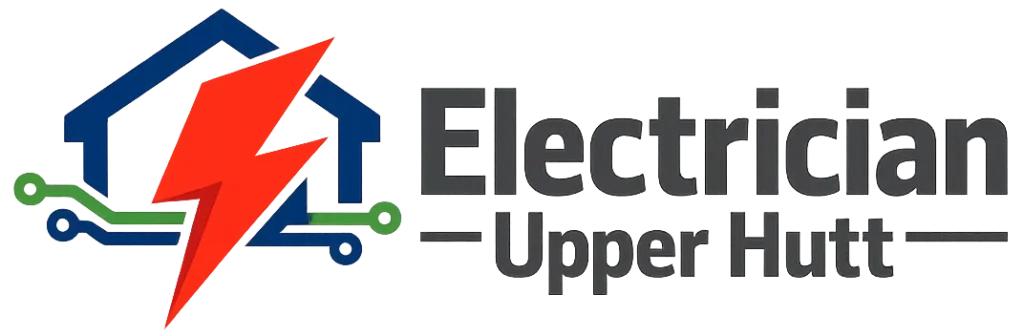 Official electrician Upper Hutt logo with dark black text, featuring a house, lightning bolt, and circuit.