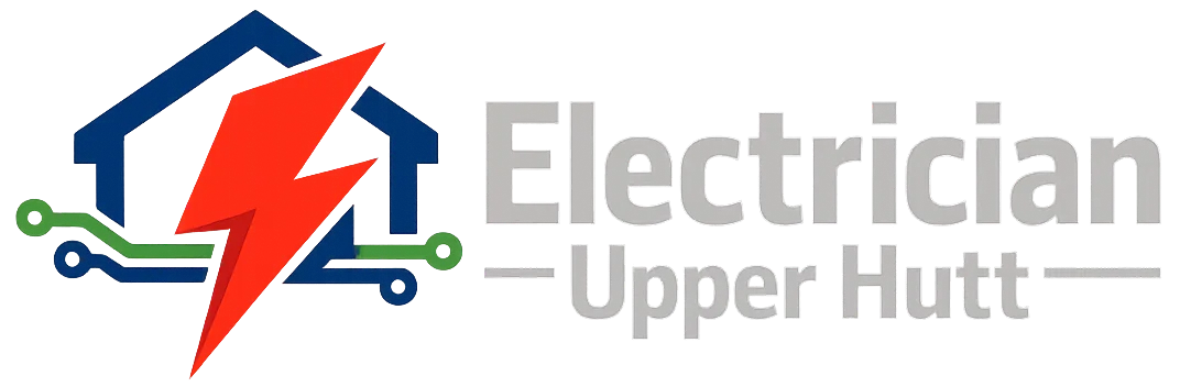 Official electrician Upper Hutt logo with gray text, featuring a house, lightning bolt, and circuit.